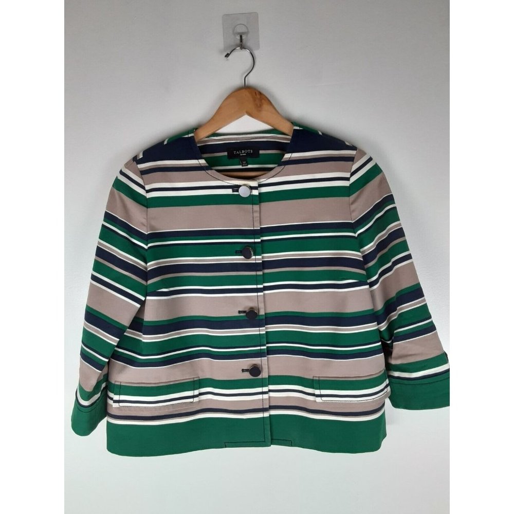 Talbots Women's Tan & Green Stripe 3/4 Sleeve Blazer Collarless 4-Button 14P